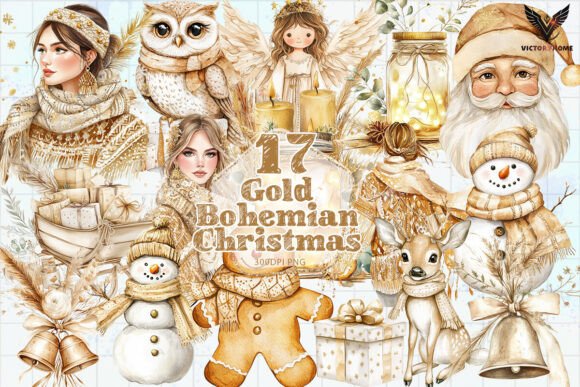 Download Gold Bohemian Christmas Clipart PNG - Gold Collection
