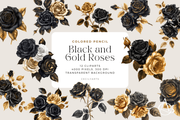 Download Colored Pencil Black Gold Roses Cliparts - Gold Collection