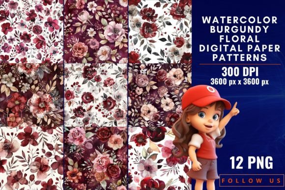 Download Watercolor Burgundy Floral Digital Paper - Digital Collection